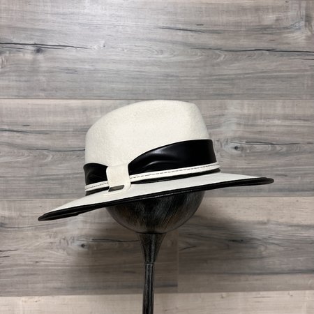 Western Style Hat with Leather Band and Trim - Off White