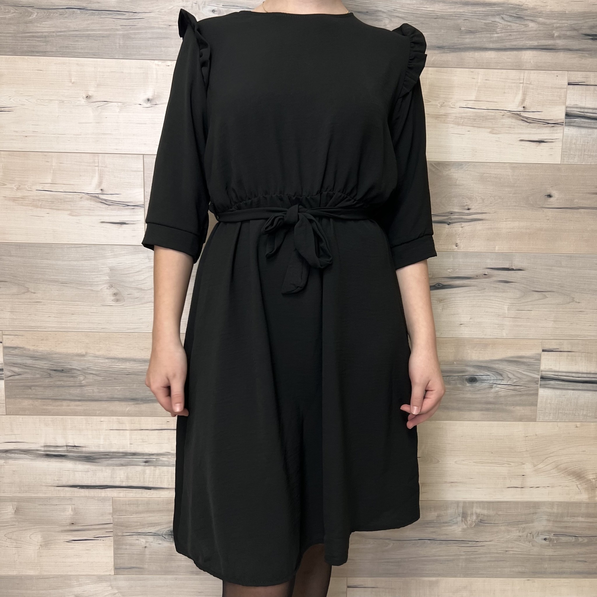 3/4 Sleeve Dress with Ruffles and Belt - Black