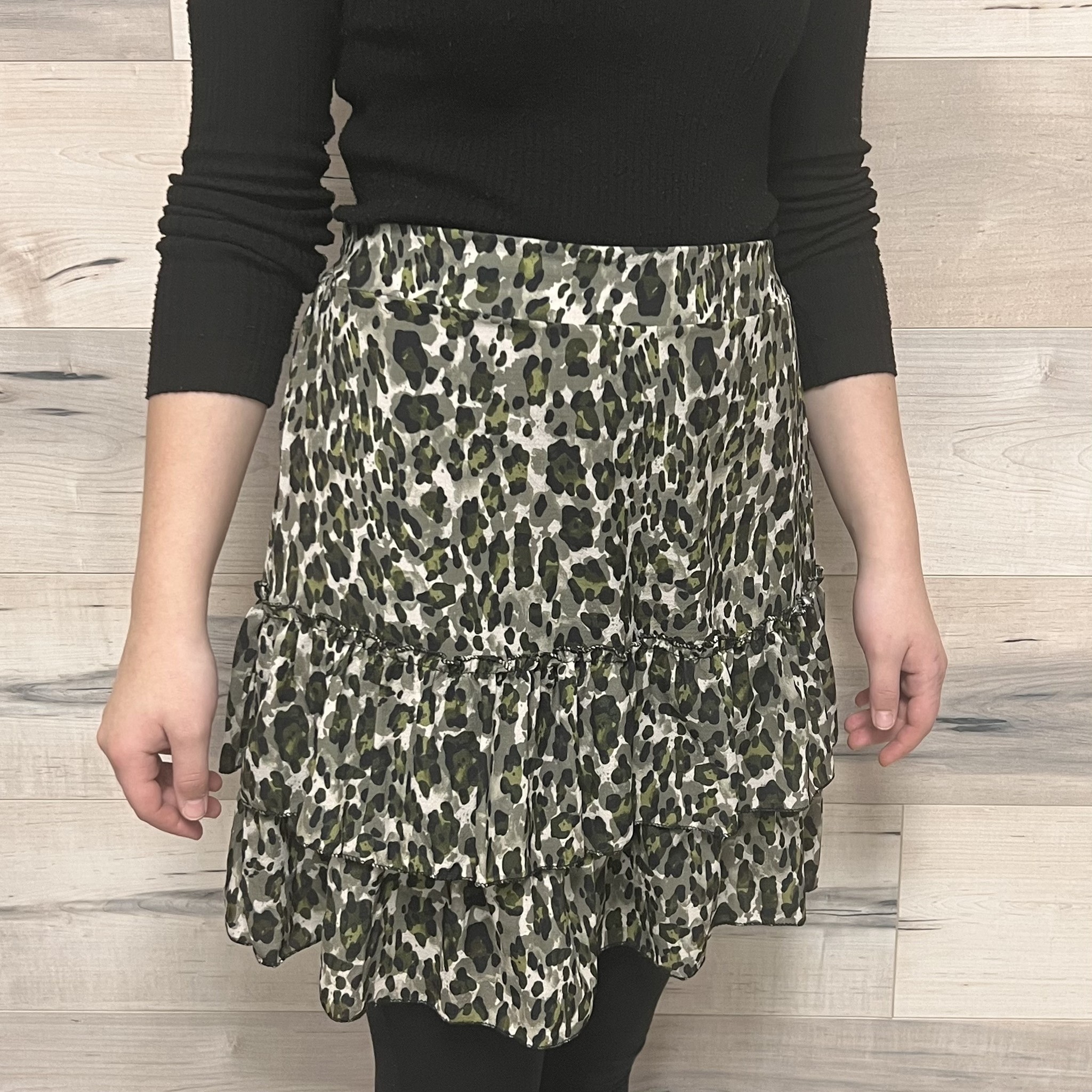 Layered Chiffon Skirt - Green Leopard Print