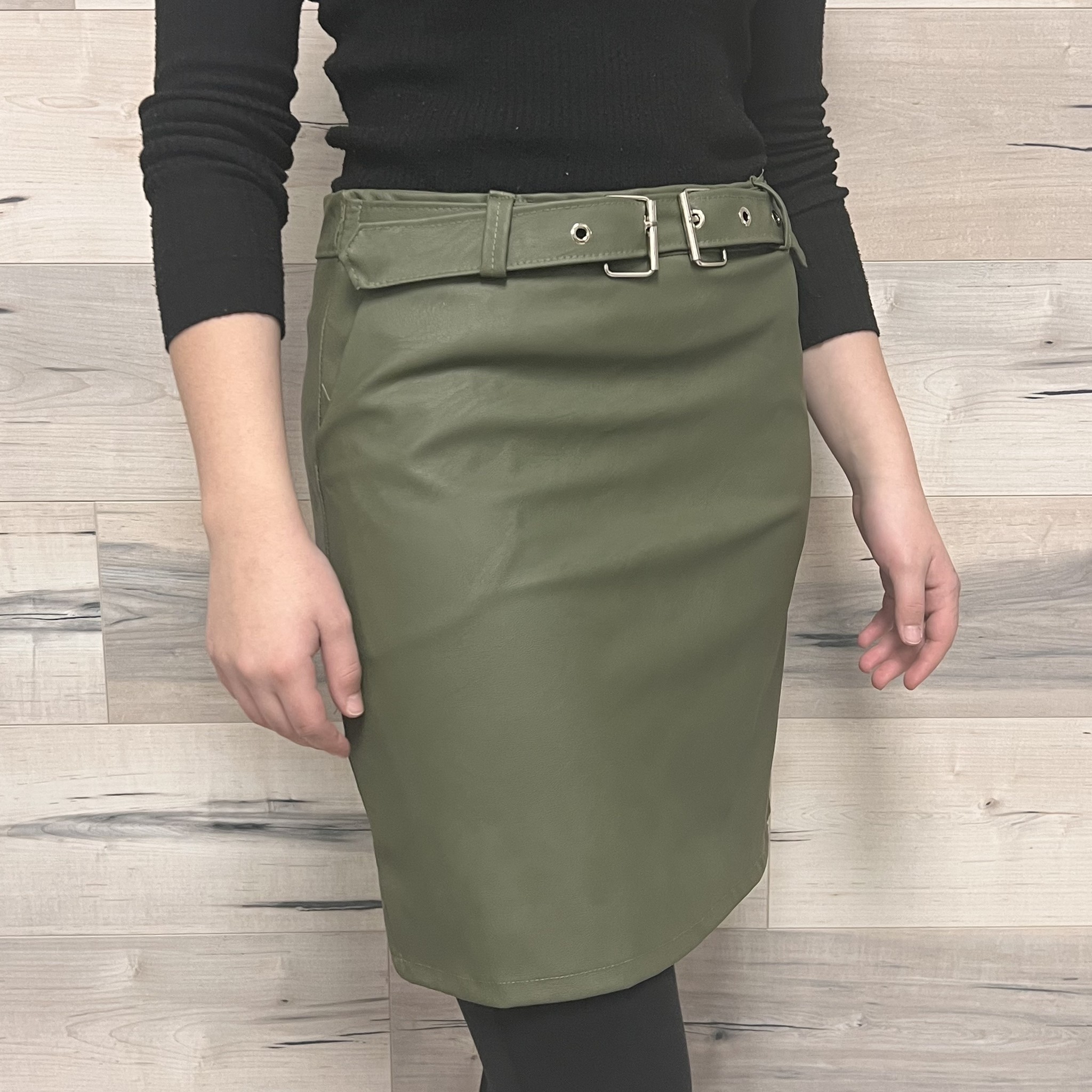 Leather-Look Skirt with Faux Belt - Army
