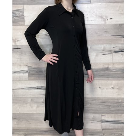 Button Down Dress with Shirred Waist - Black