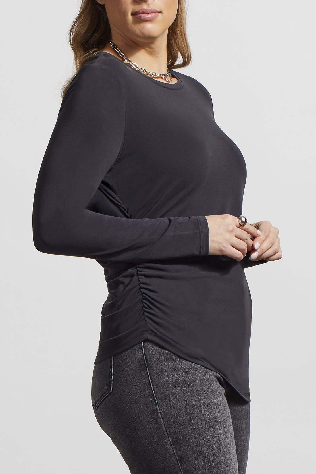 Long Sleeve Crew Neck Top with Side Ruching - Black