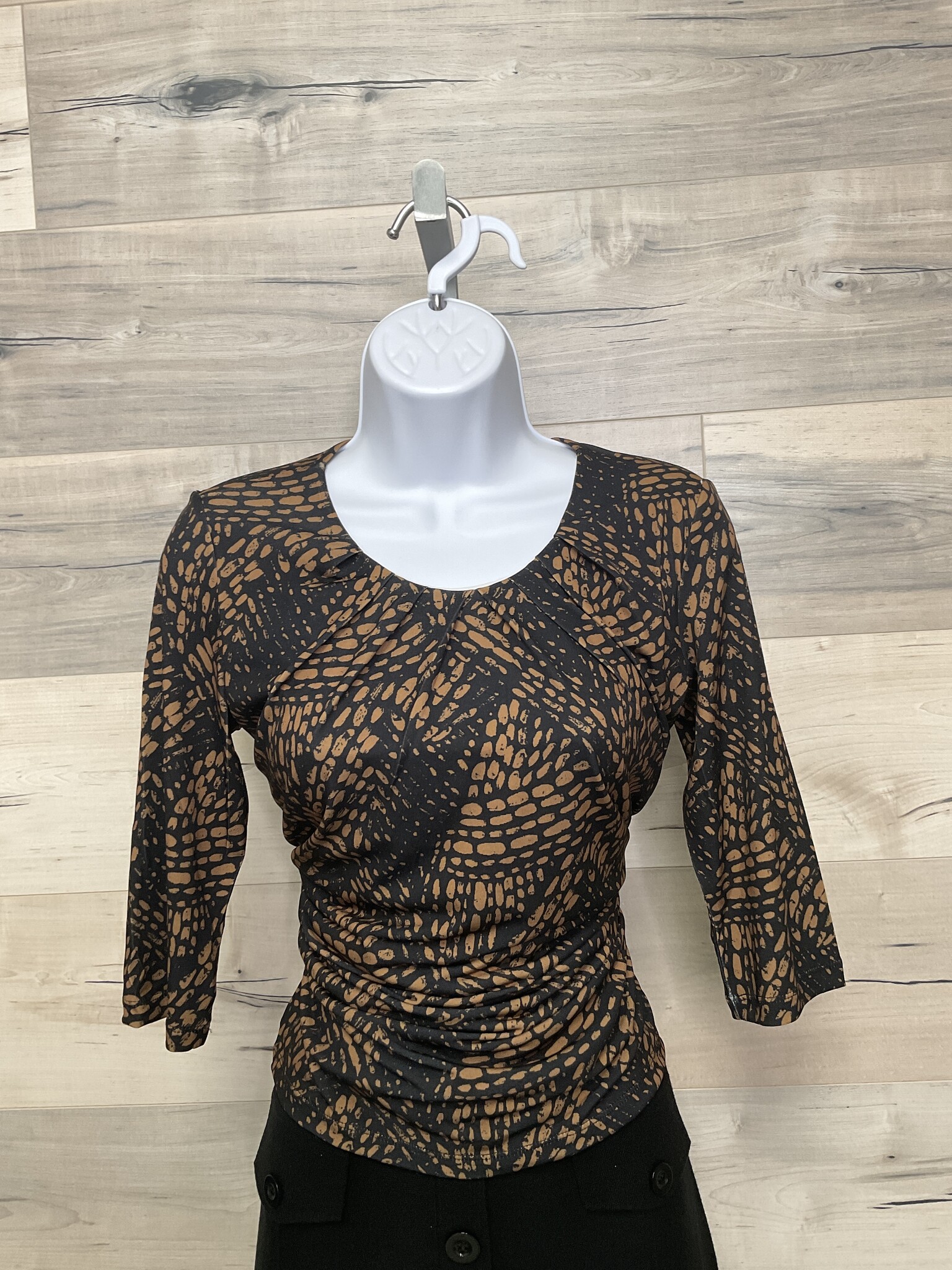 Top with Pleated Neckline - Mocha and Black Fan Print