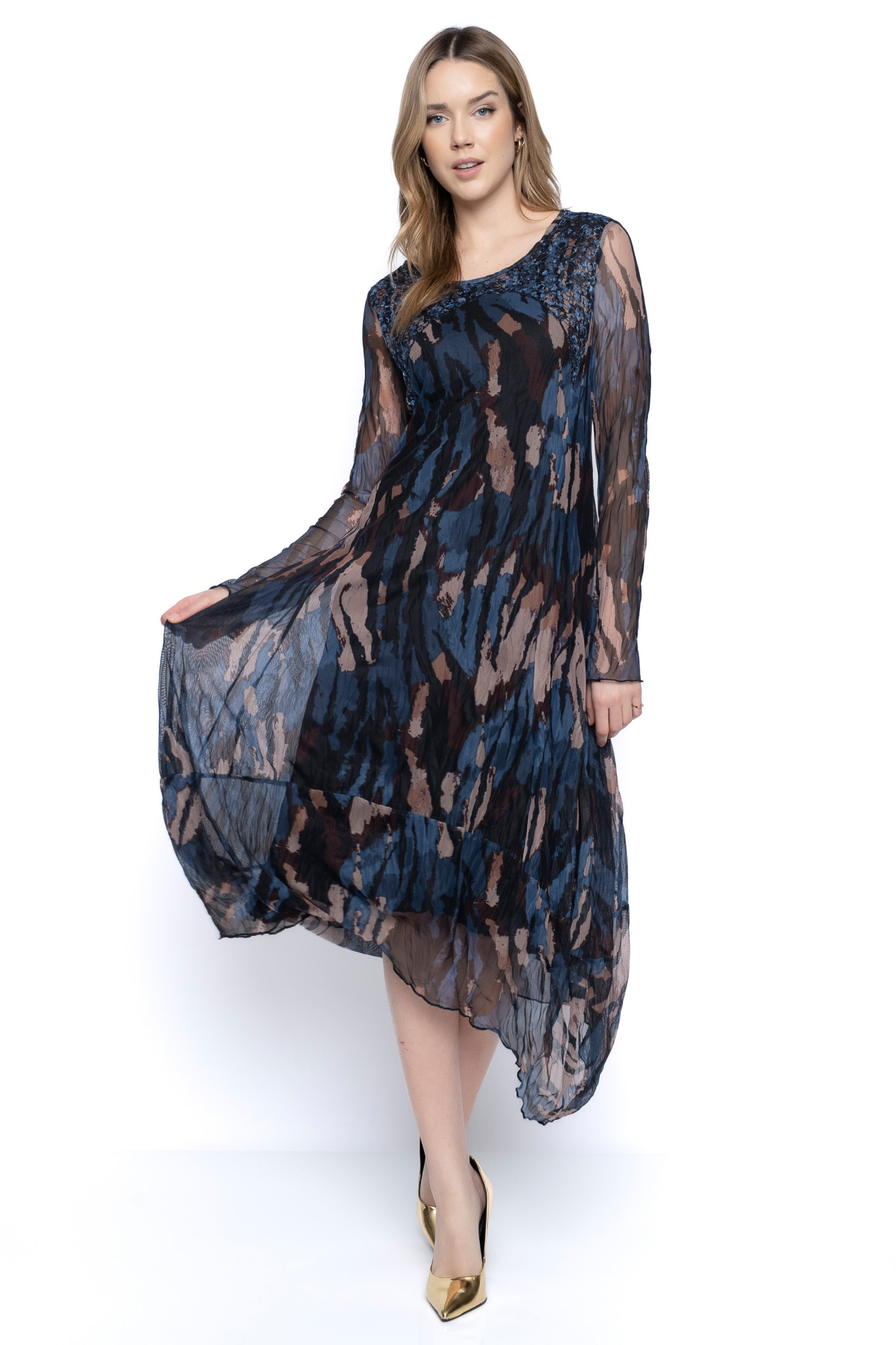 Lace Yoke Long Dress - Blue/Taupe