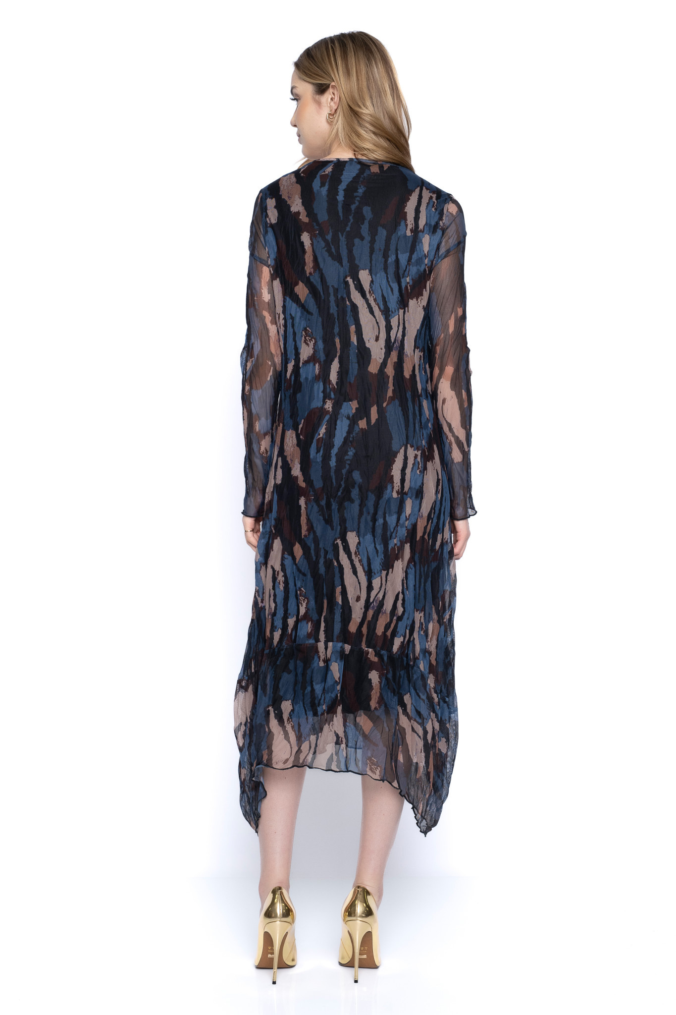 Lace Yoke Long Dress - Blue/Taupe
