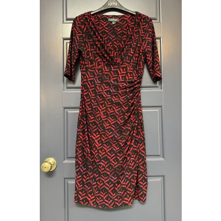 Reds and Black Print Dress with Ruching - Size 2