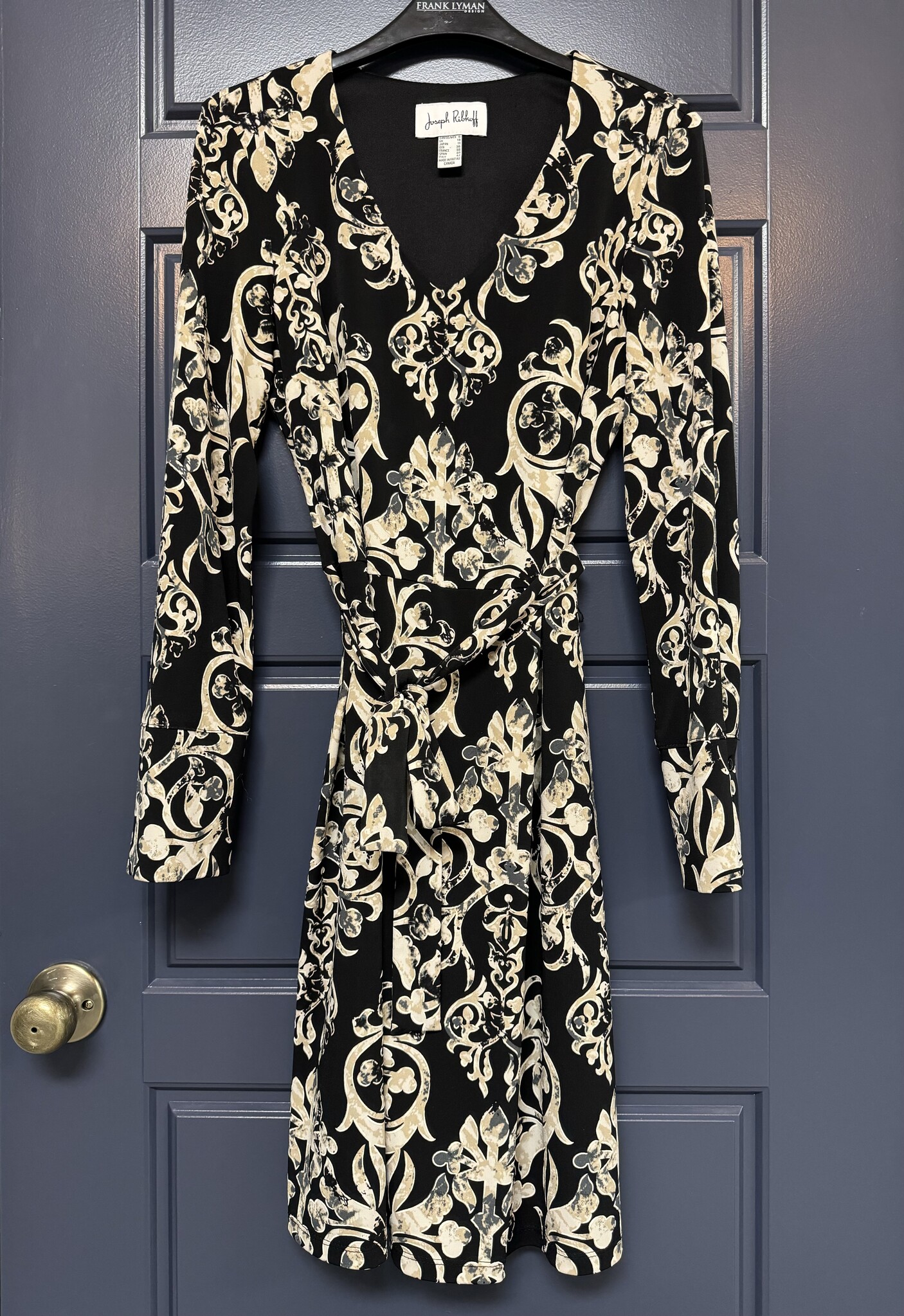 Black Dress with Scroll Print and Tie - Size 8