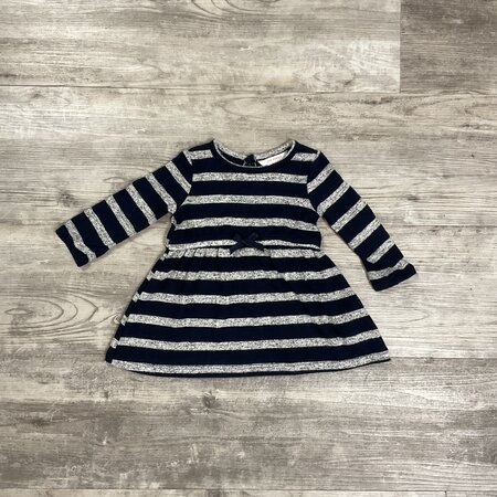 Navy and Grey Striped Dress with Bow - Size 3-6M
