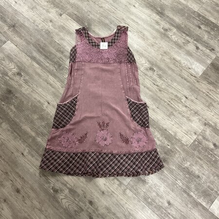 Plum Sleeveless Dress with Plaid and Floral Detail Size XL