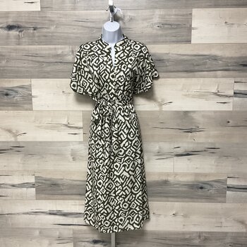 Olive Abstract Print Dress with Buttons and Belt