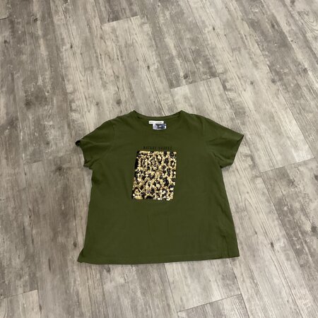 Olive T-shirt with Cheetah Print Sequence - Size M