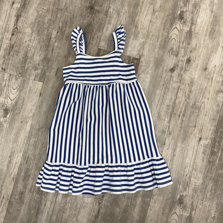 White and Blue Striped Dress with Ruffled Sleeves - Size 10