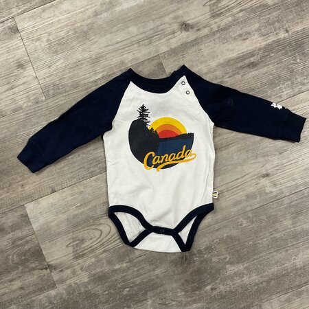 White  Onesie with Navy Sleeves and Sunset - Size 6-12M
