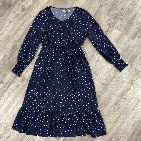 Navy Blue Dress with Cream Dots Size M