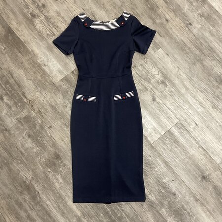 Navy Blue Dress with Striped Collar and Pockets Size xs