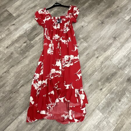 Red Floral Dress with Wood Buttons - Size M