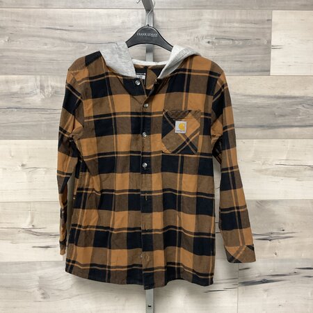 Navy and Orange Plaid Hooded Shirt Size L