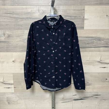 Navy Flannel Button Down with Floral Print - Size 12