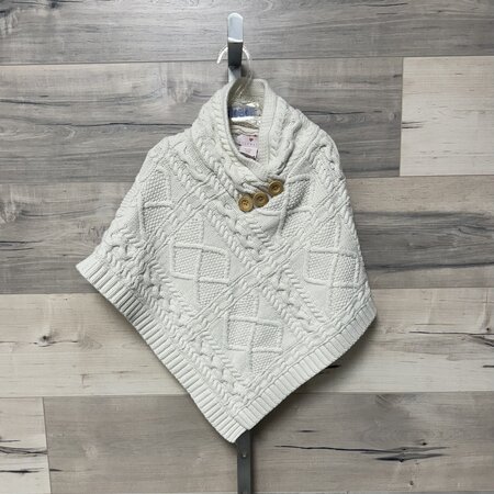 White Cable Knit Poncho with Wooden Buttons - Size 8