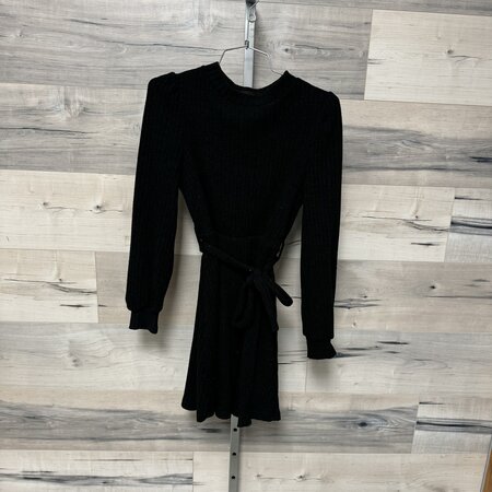 Black Rib Knit Belted Dress with Puff Sleeve - Size XS