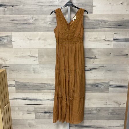 Ochre Tiered Dress with Embroidered Lace - Size XS