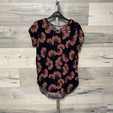 Navy and Coral Print Top with Cap Sleeves - Size M