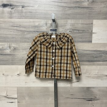 Brown Plaid Shirt with Ruffled Neck - Size 2-3