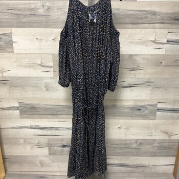 Navy and Tan Print Dress with Cold Shoulder - Size 3X