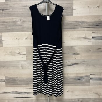Navy and Striped Dress with Belt - Size 22