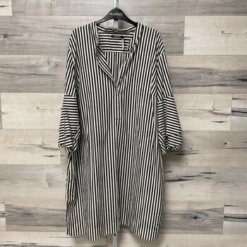 Charcoal and Cream Striped Dress with Flared Sleeves - Size 22