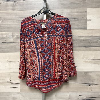 Red and Dusty Blue Print Blouse - Size M