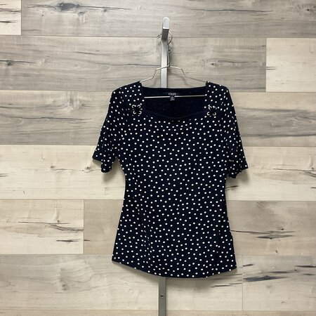Navy Polka Dot Tee with Square Neckline - Size M