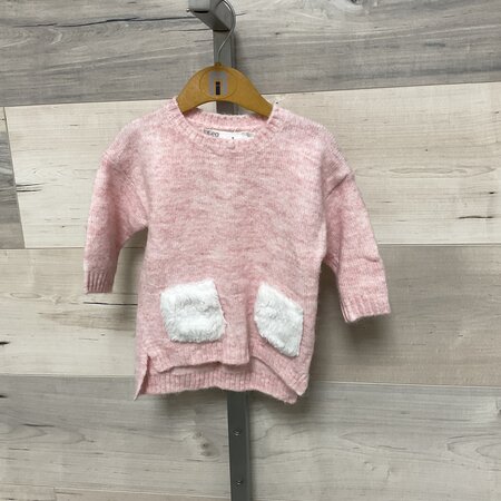 Soft Pink Melange Sweater with Fuzzy White Pockets - Size 3-6M