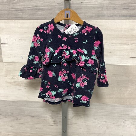 Navy Shirt with Ruffle and Pink Flowers - Size 3-6M