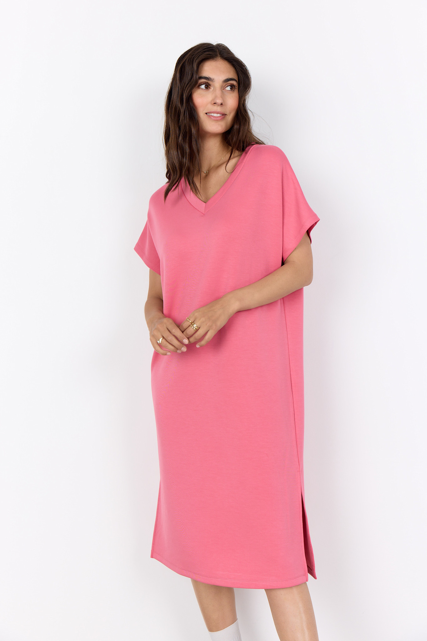 Ladies Knitted Dress Below Knee Black/Pink