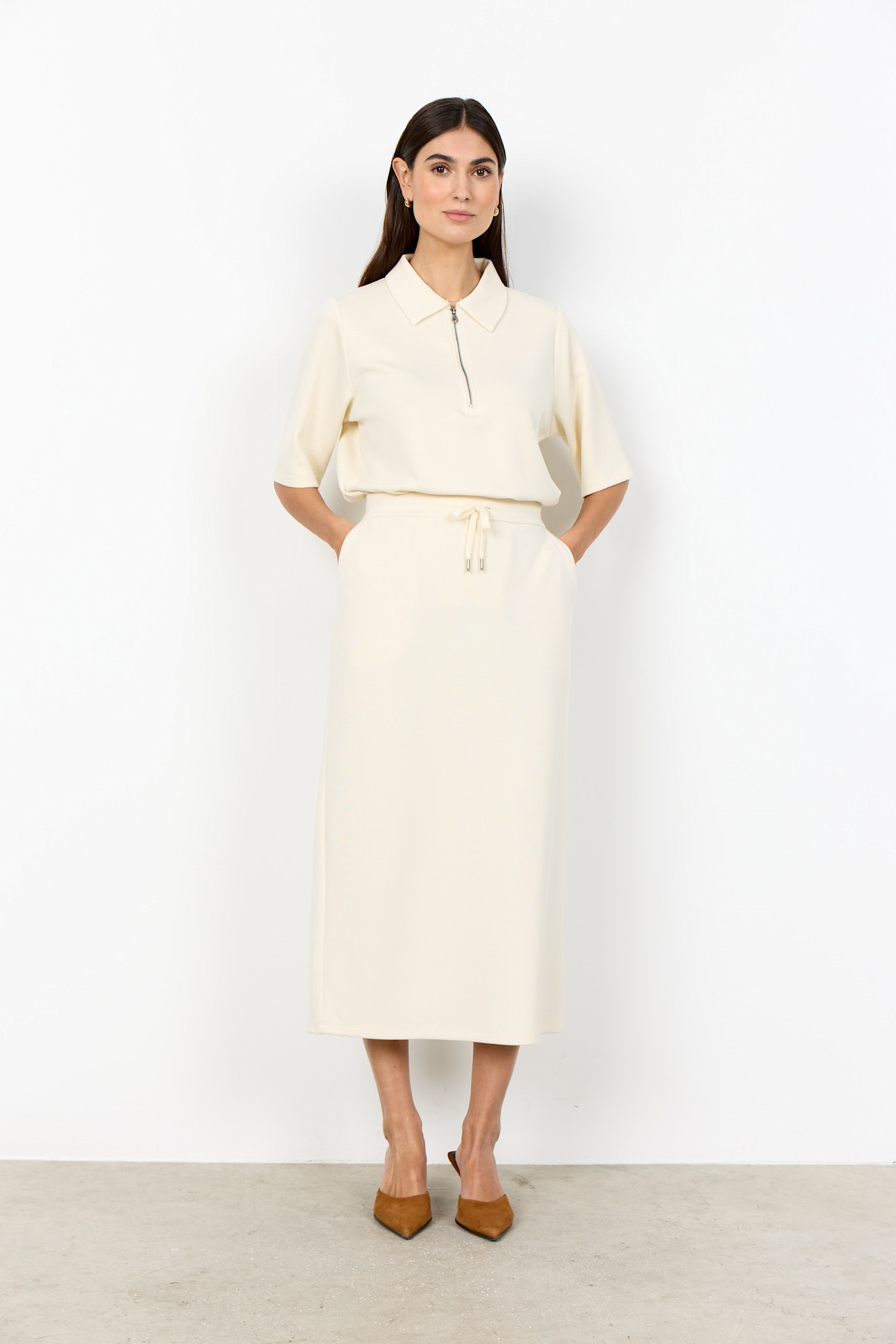 Ladies Knitted Top Zipper Cream/Navy