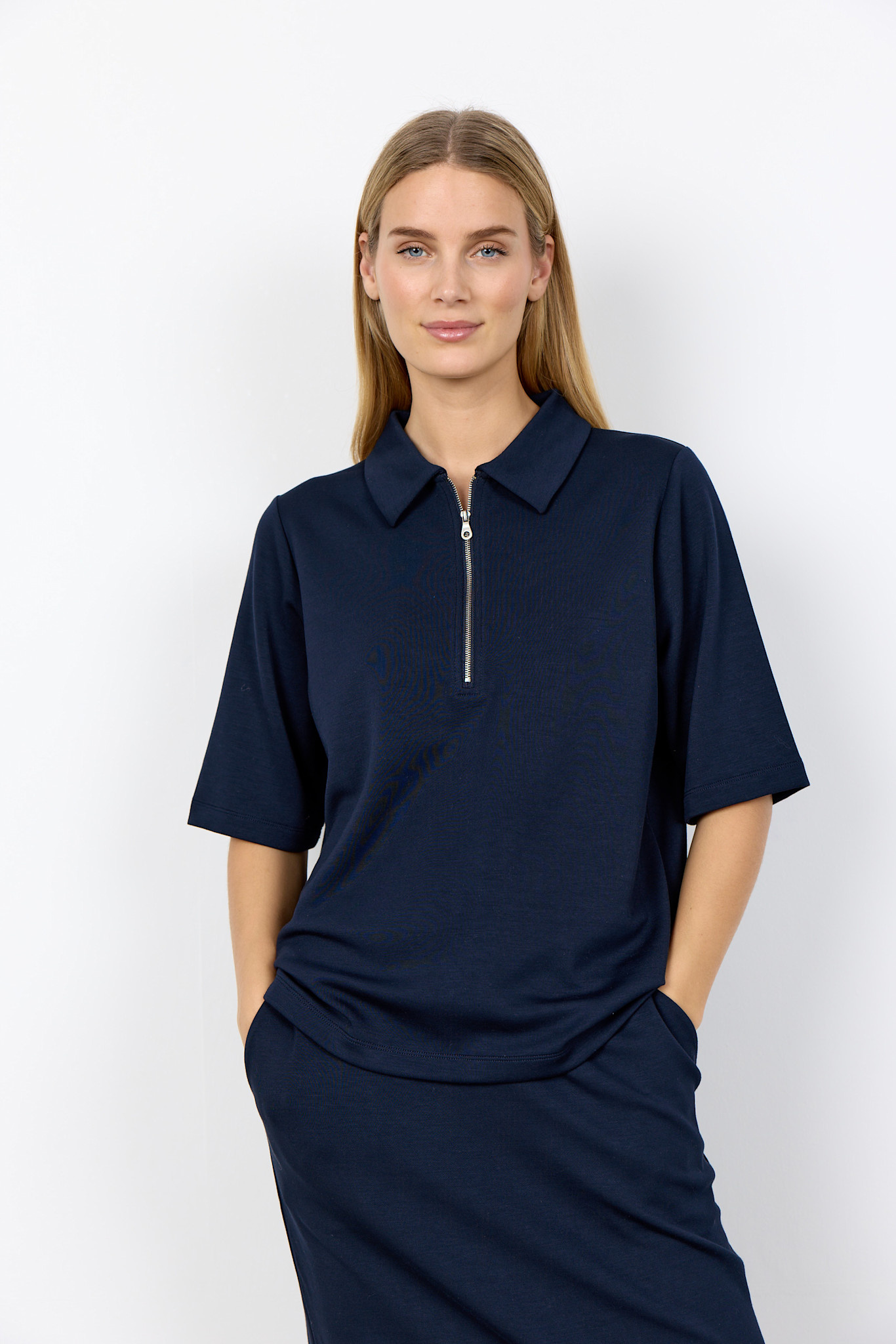 Ladies Knitted Top Zipper Cream/Navy