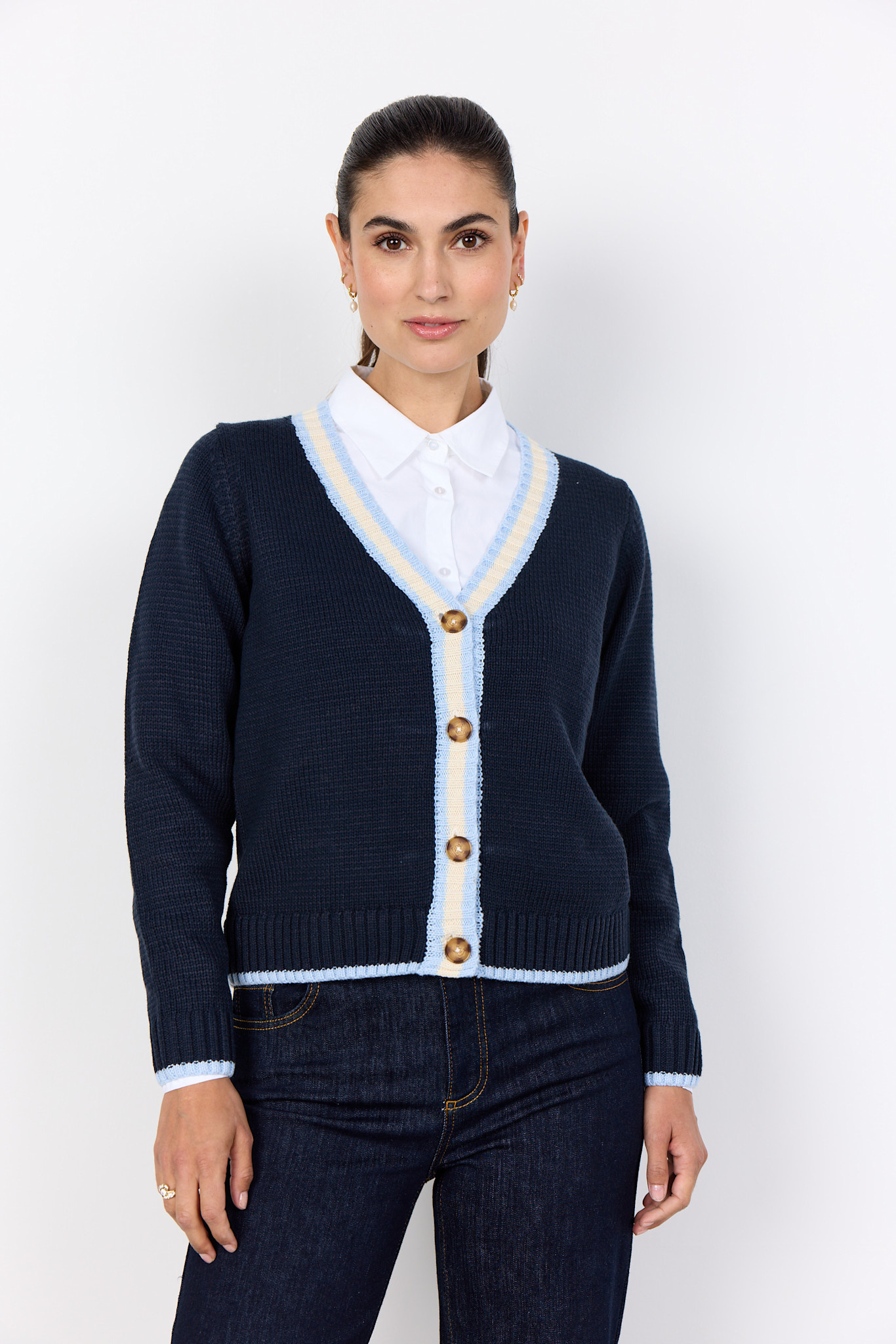 Ladies Knitted Cardigan Button Down Navy
