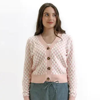 Checkered Button Down Cardigan Pink