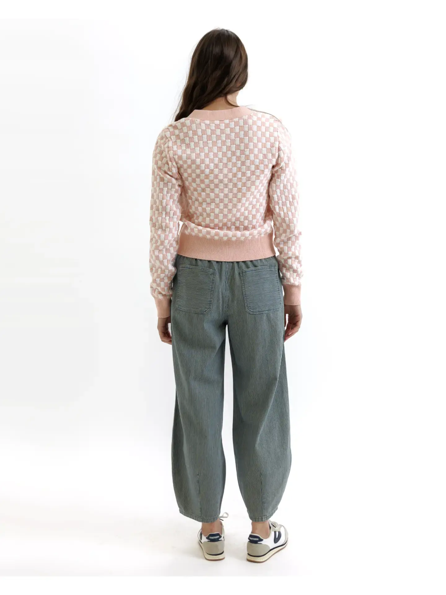 Checkered Button Down Cardigan Pink