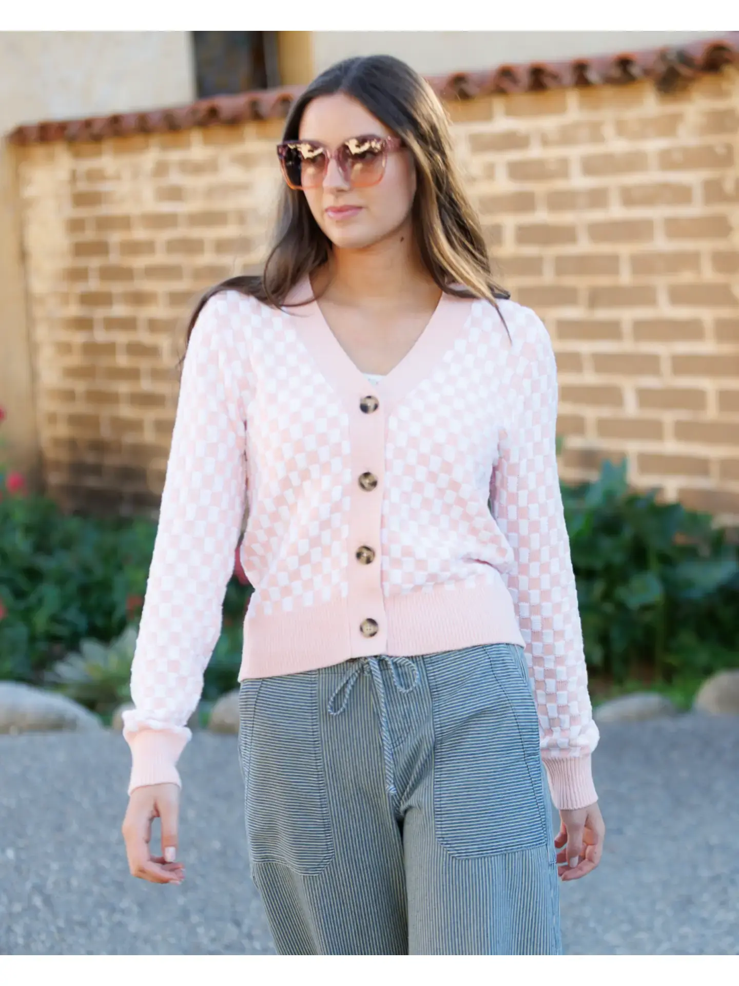 Checkered Button Down Cardigan Pink