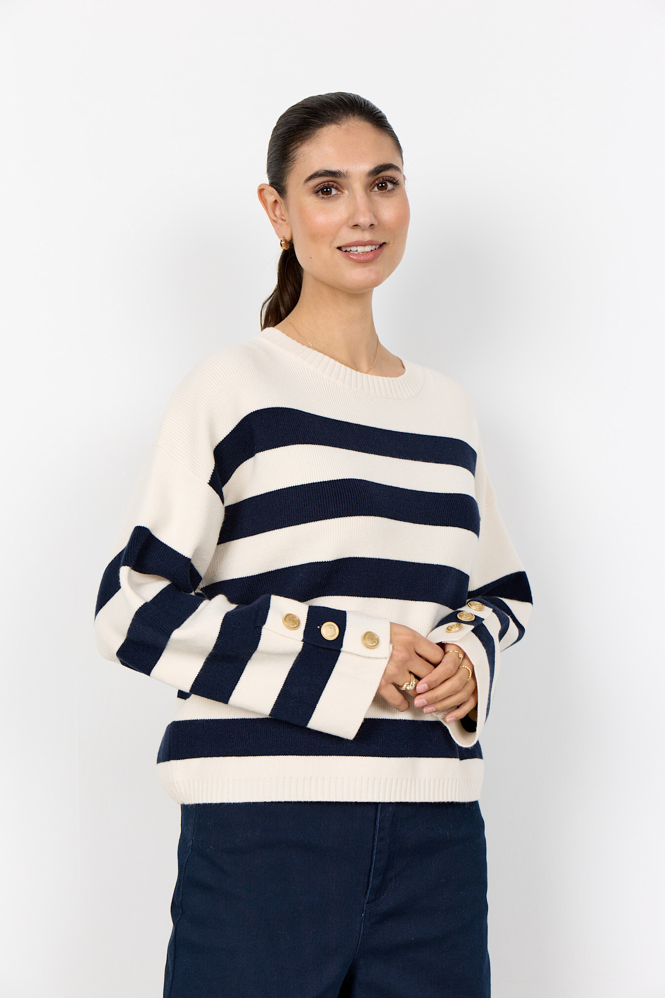 Ladies Knitted Sweater Striped Navy