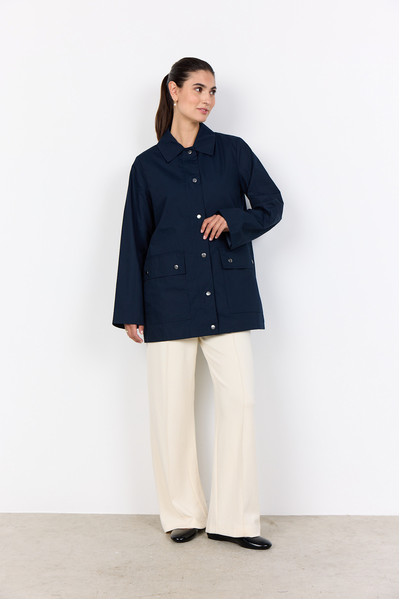 Ladies Woven Jacket Navy Buttons