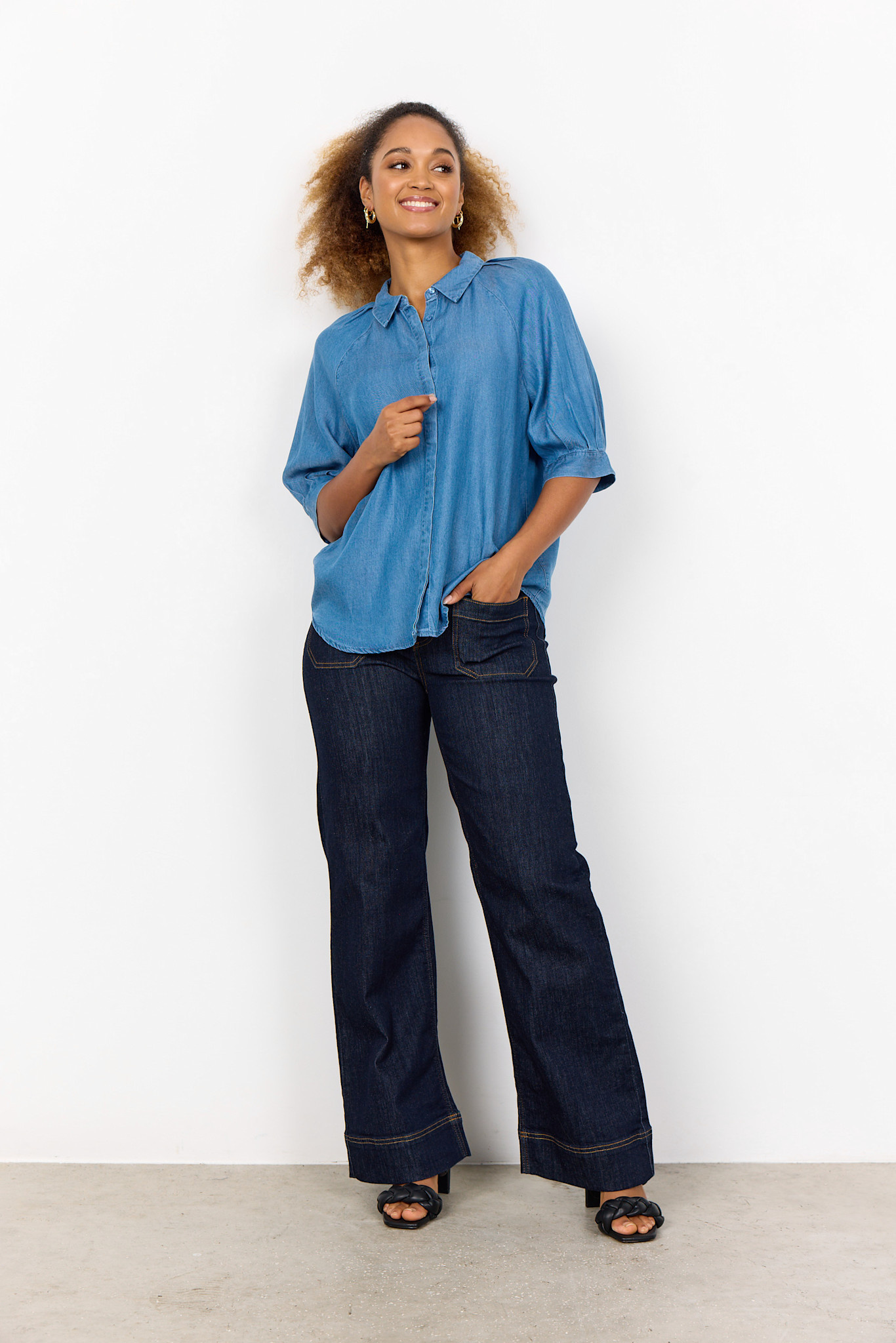 Medium Blue Denim Blouse Short Sleeve