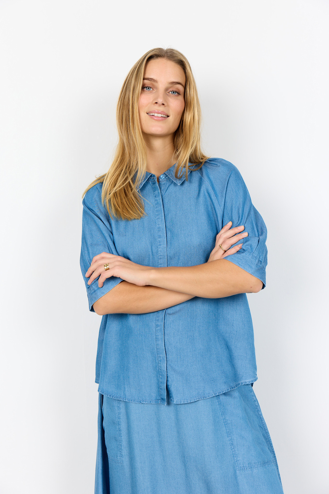 Medium Blue Denim Blouse Short Sleeve