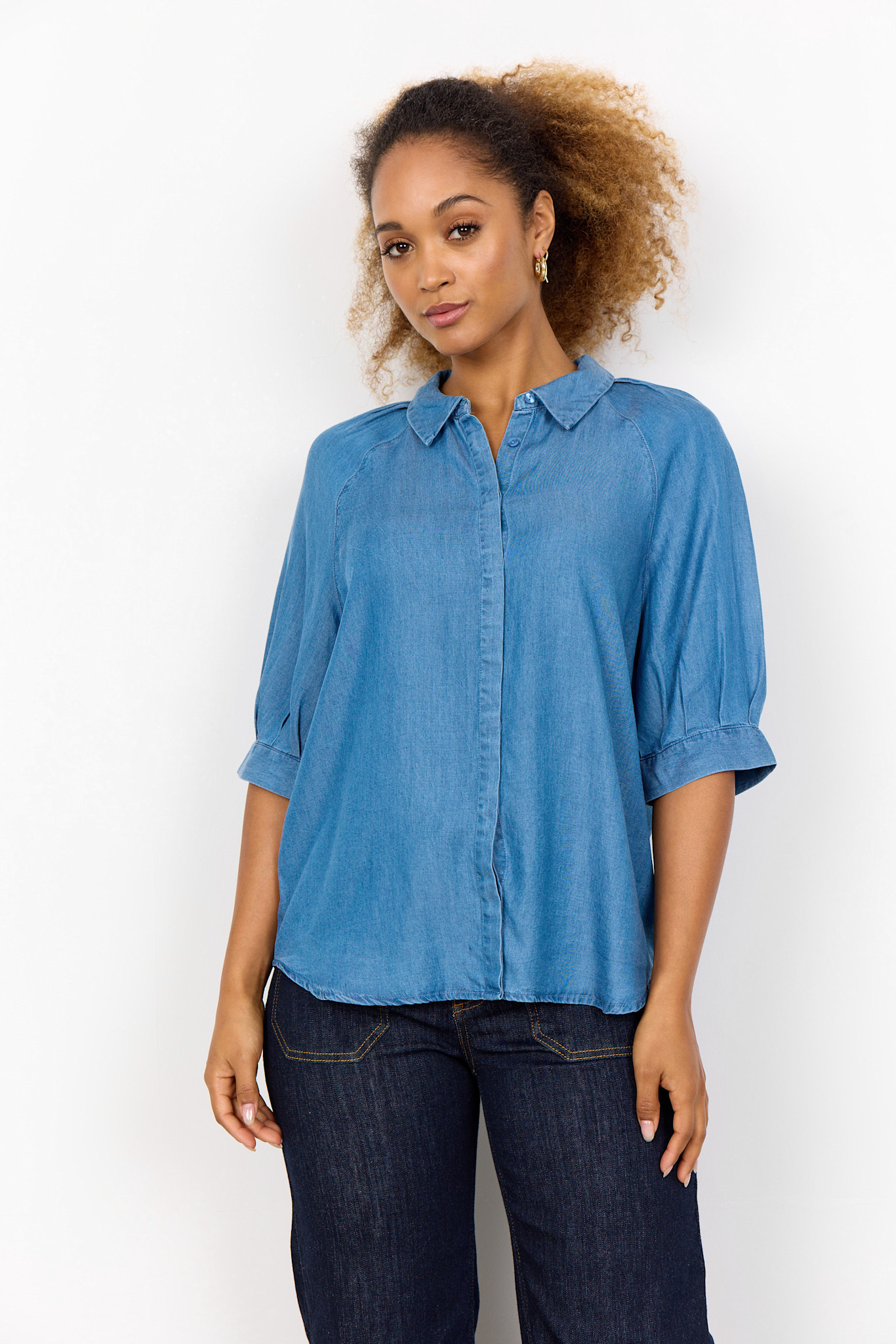 Medium Blue Denim Blouse Short Sleeve