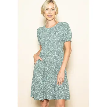 Puff Sleeve Round Neck Smocked with Pocket