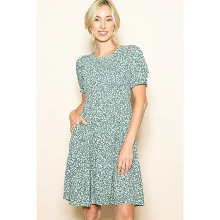 Puff Sleeve Round Neck Smocked with Pocket