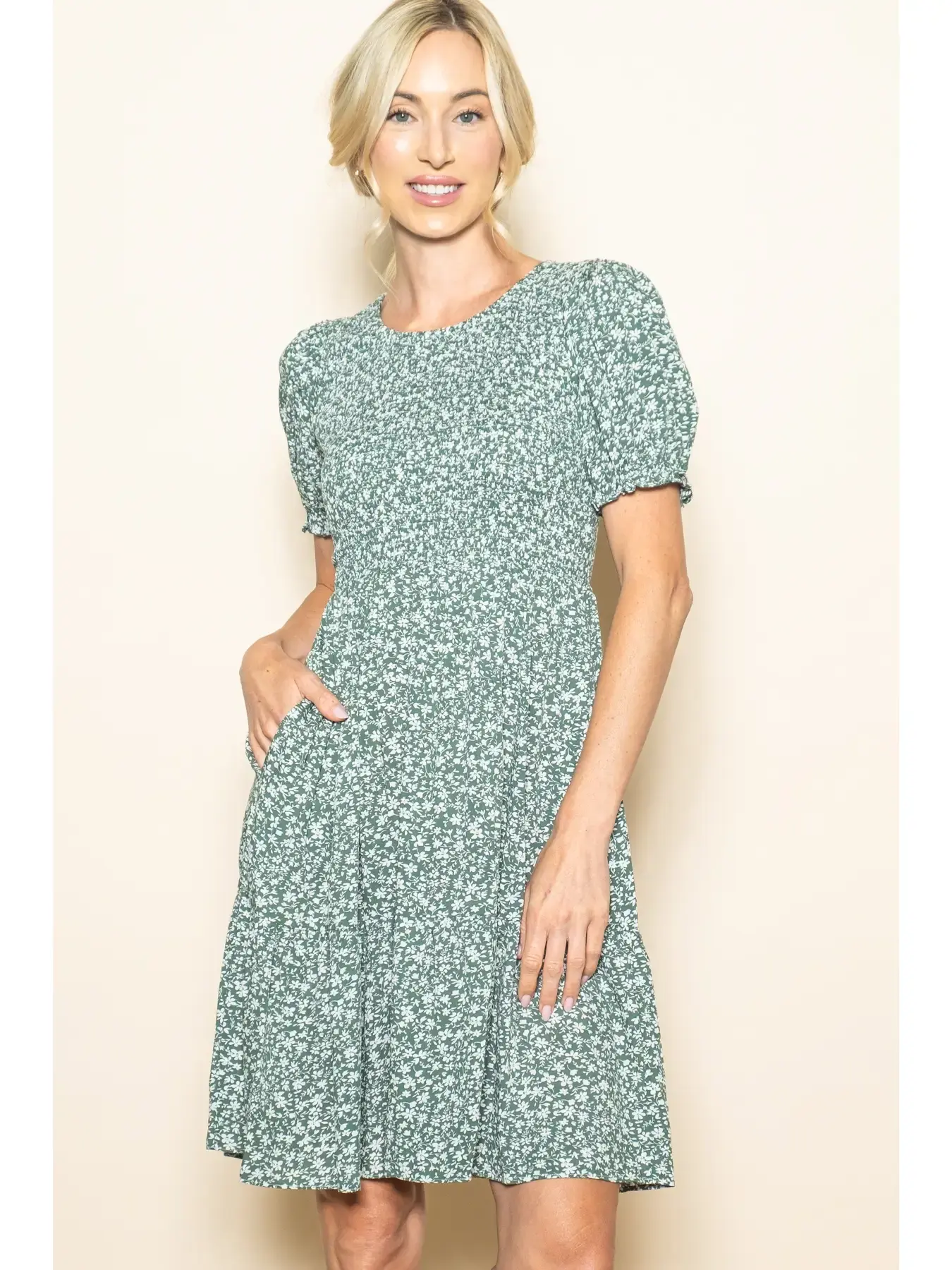 Puff Sleeve Round Neck Smocked with Pocket