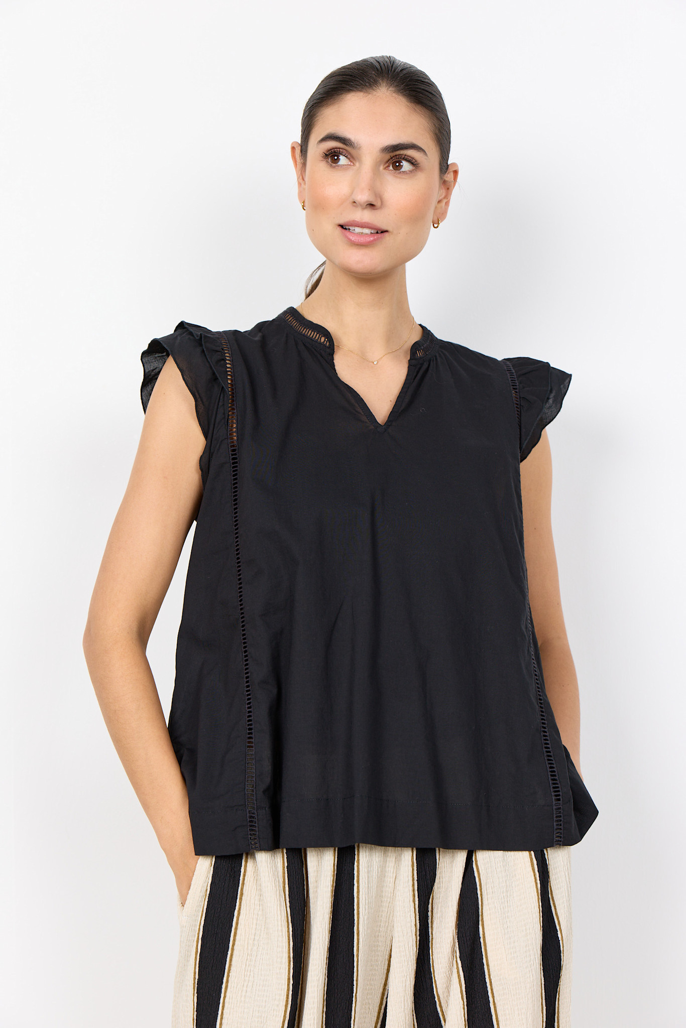 Black Woven Blouse Ruffled Sleeve